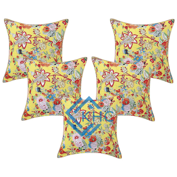 Kantha Hand-Stitched, Luxury Yellow Floral Cushion Cover Set