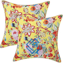 Kantha Hand-Stitched, Luxury Yellow Floral Cushion Cover Set