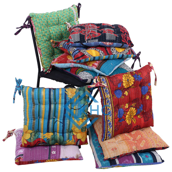 Boho Chic Kantha Chair Cushion Handmade Indian Chair Pad Set Of 4 Pcs