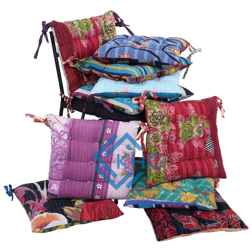 Assorted Vintage-Inspired Kantha Chair Pad - Embroidered Cotton Chair Cushion