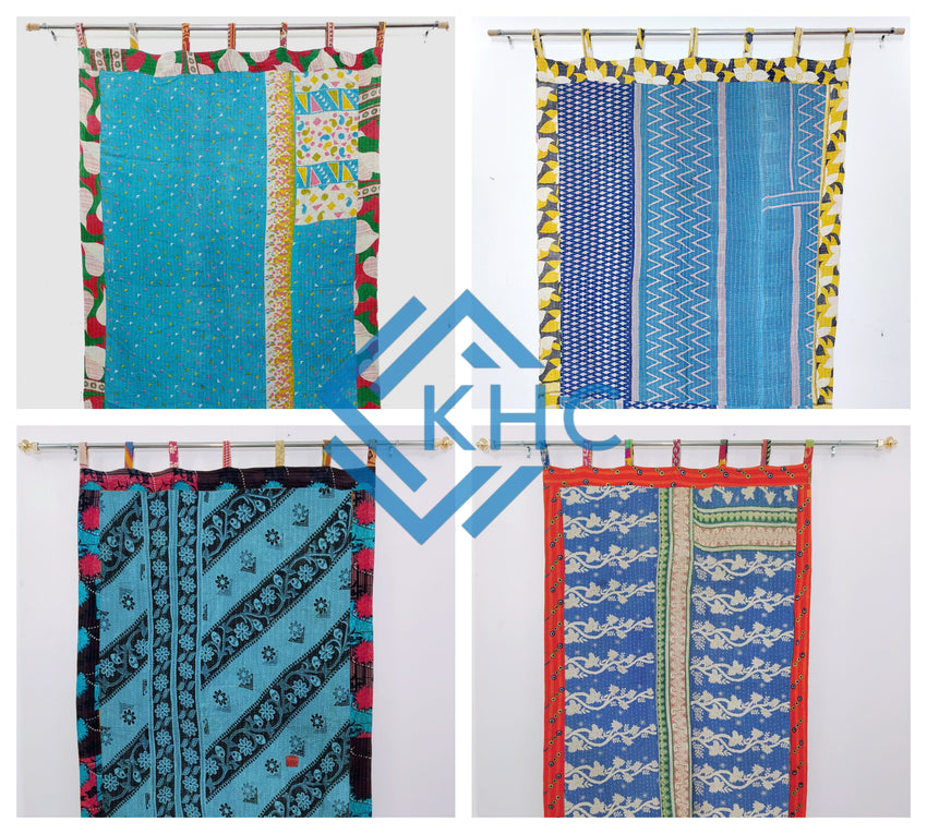 Indian Handmade Kantha Quilted 100% Cotton Fusion Blue Curtain