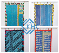 Indian Handmade Kantha Quilted 100% Cotton Fusion Blue Curtain