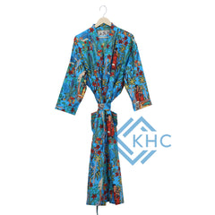 100% Cotton Long Kimono Robe Women Print Blue Dressing Gown