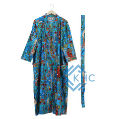 100% Cotton Long Kimono Robe Women Print Blue Dressing Gown