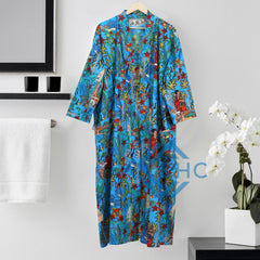 100% Cotton Long Kimono Robe Women Print Blue Dressing Gown