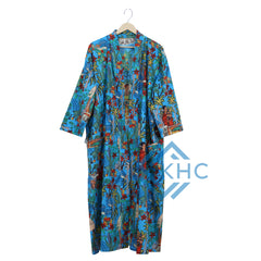 100% Cotton Long Kimono Robe Women Print Blue Dressing Gown