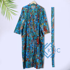 100% Cotton Long Kimono Robe Women Print Blue Dressing Gown