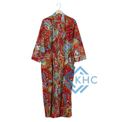 Indian Cotton Red Paisley Printed Kimono Long Robe, Bath Robe