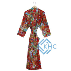 Indian Cotton Red Paisley Printed Kimono Long Robe, Bath Robe