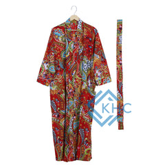 Indian Cotton Red Paisley Printed Kimono Long Robe, Bath Robe