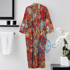 Indian Cotton Red Paisley Printed Kimono Long Robe, Bath Robe