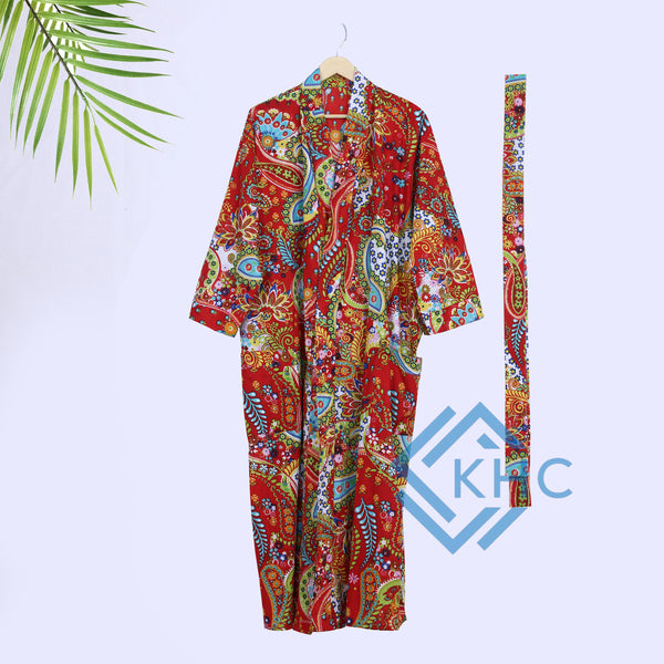 Indian Cotton Red Paisley Printed Kimono Long Robe, Bath Robe