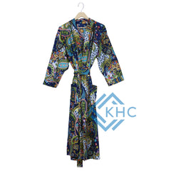 Women's Printed  Indian Nightwear Black Cotton long Kimono Gown