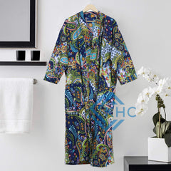 Women's Printed  Indian Nightwear Black Cotton long Kimono Gown