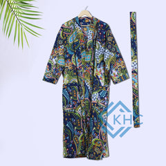 Women's Printed  Indian Nightwear Black Cotton long Kimono Gown