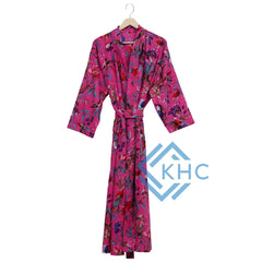 Bird Print Pink Kimono Robe, Bath Robe, Kimono for Women's