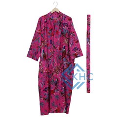 Bird Print Pink Kimono Robe, Bath Robe, Kimono for Women's