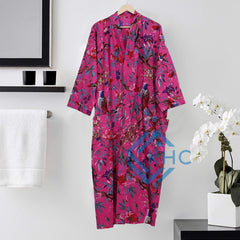 Bird Print Pink Kimono Robe, Bath Robe, Kimono for Women's