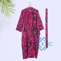 Bird Print Pink Kimono Robe, Bath Robe, Kimono for Women's