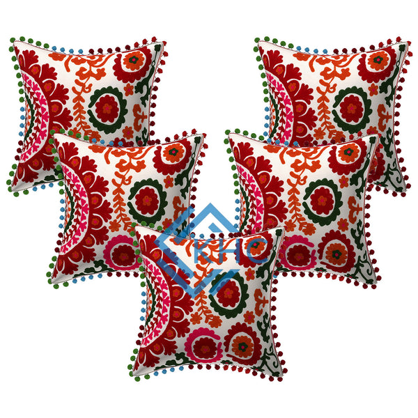 Indian Handmade Cotton Suzani Decorative Cushion Set Of 5