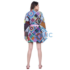 Kantha Quilted Patchwork Cotton Kimono Jacket With Belt