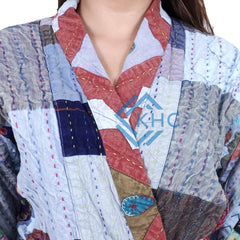 Kantha Quilted Patchwork Cotton Kimono Jacket With Belt