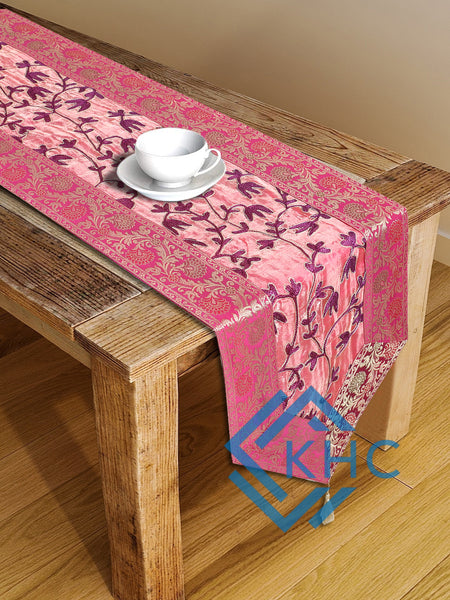 Pink Floral Gold Embroidered Silk Vintage-Style Brocade Table Runner