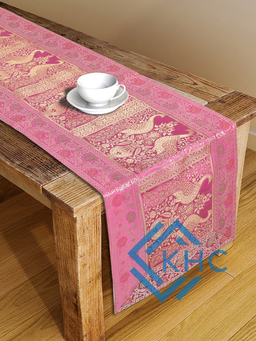 Handmade Peacock Print Pink Silk Brocade Dining Runner