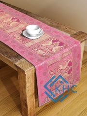 Handmade Peacock Print Pink Silk Brocade Dining Runner