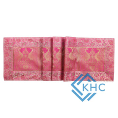 Handmade Peacock Print Pink Silk Brocade Dining Runner