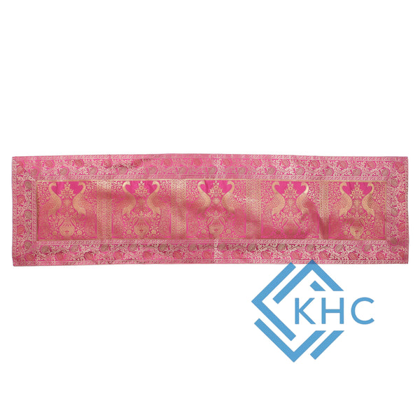 Handmade Peacock Print Pink Silk Brocade Dining Runner