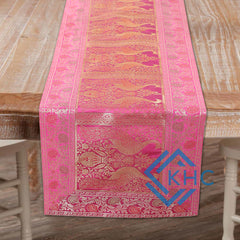 Handmade Peacock Print Pink Silk Brocade Dining Runner