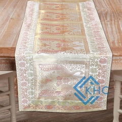 Gold Embroidered Brocade 72Lx14W Inch Beige Table Runner