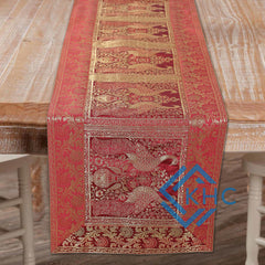 Gold Accented Peacock Red Brocade Table Runner, Dining, Wedding Decor