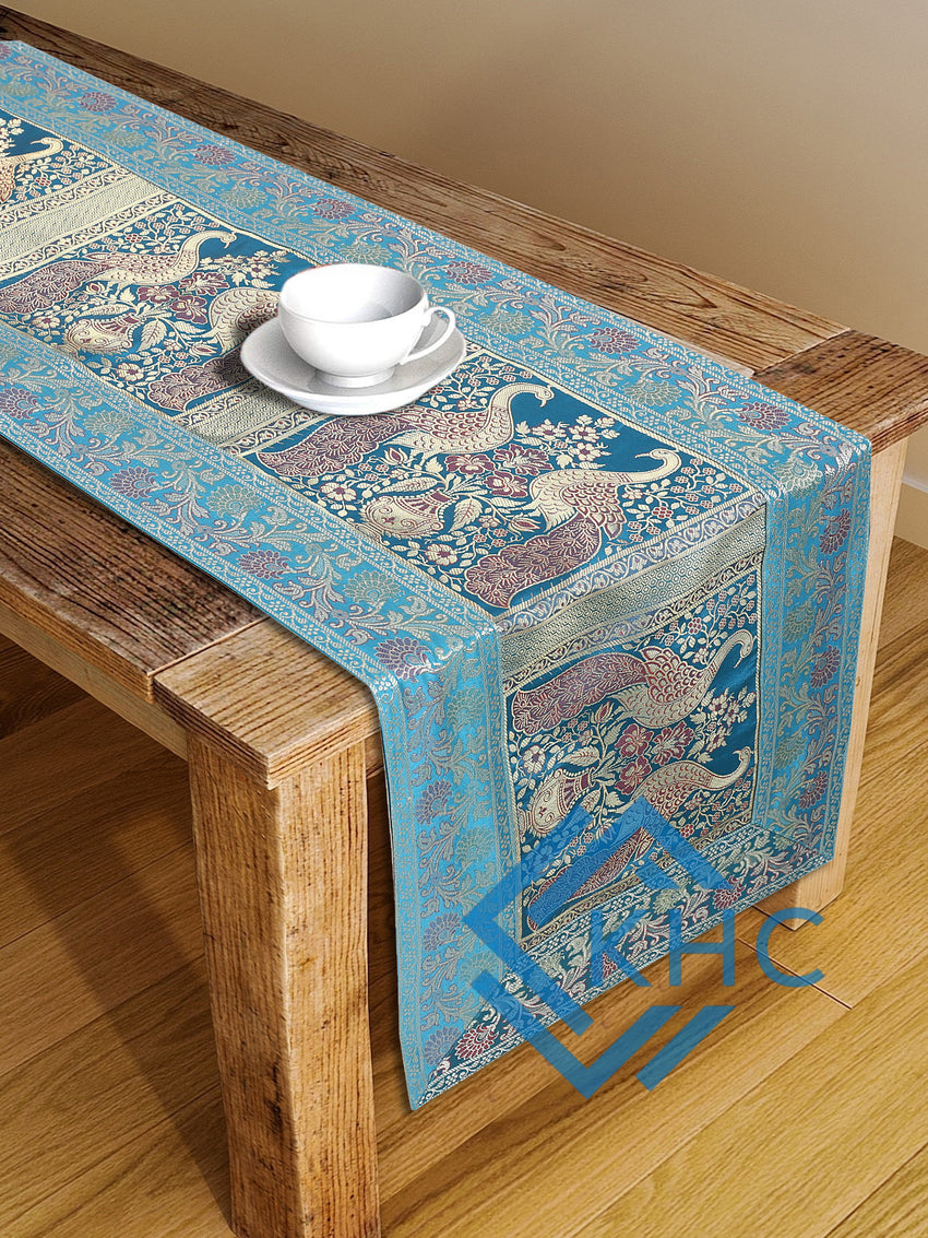 Peacock Turquoise Embroidered Brocade Unique Table Decor