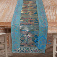 Peacock Turquoise Embroidered Brocade Unique Table Decor