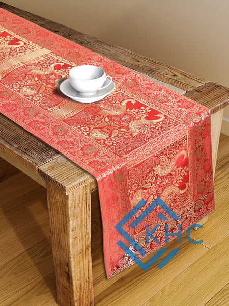 Antique-Inspired Embroidered Orange Peacock Table Runner