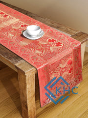 Antique-Inspired Embroidered Orange Peacock Table Runner