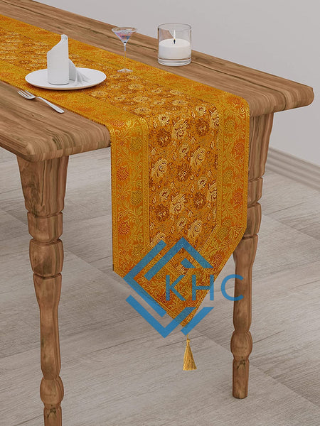 Yellow Floral Silk Brocade Table Runner, Formal Entertaining, Luxury Home Decor