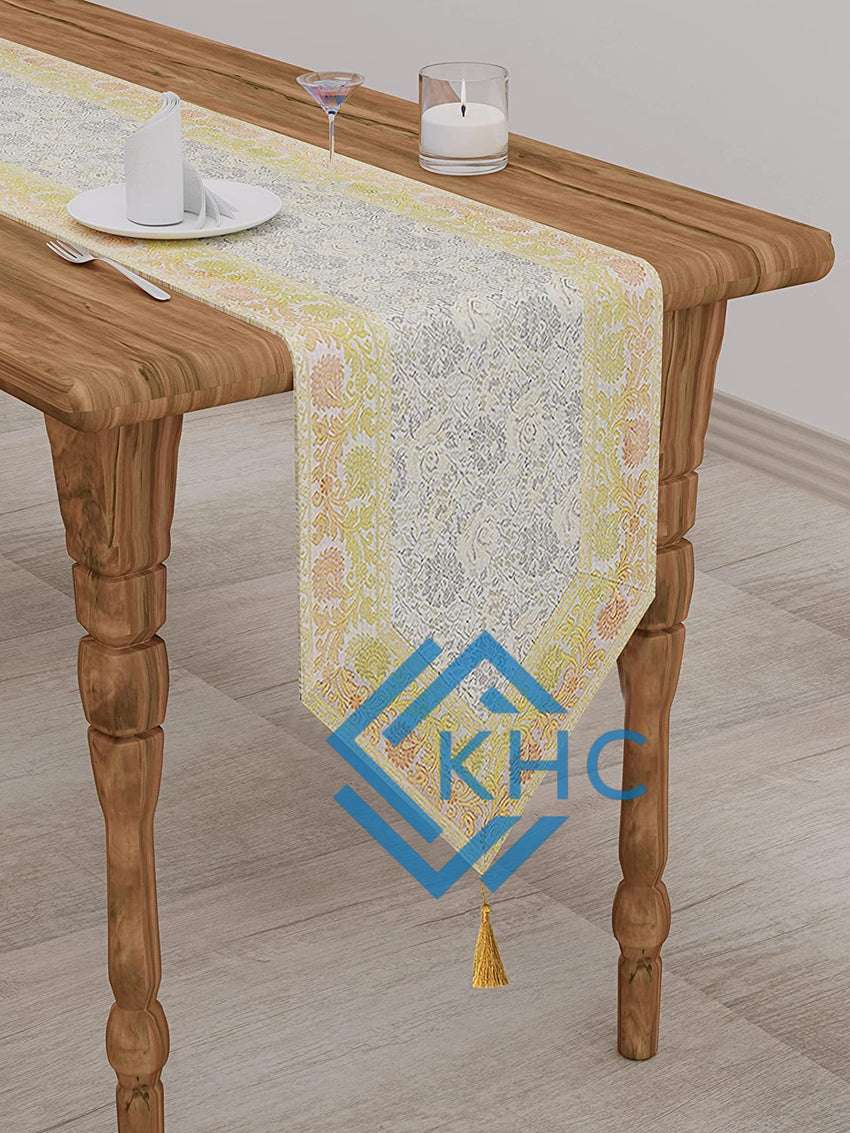 Elegant Dining White Table Runner Silk Brocade with Floral Pattern