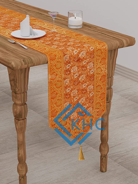 72 Inch Long Gold Embroidered Brocade Orange Table Runner - Dining Decor