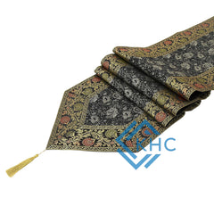 Luxury Gold Brocade Black Table Runner Embroidered Silk Fabric