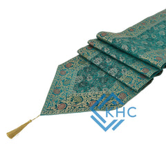 Rama Green Embroidered Brocade Table Runner - Perfect Wedding Decor, Luxury Gift