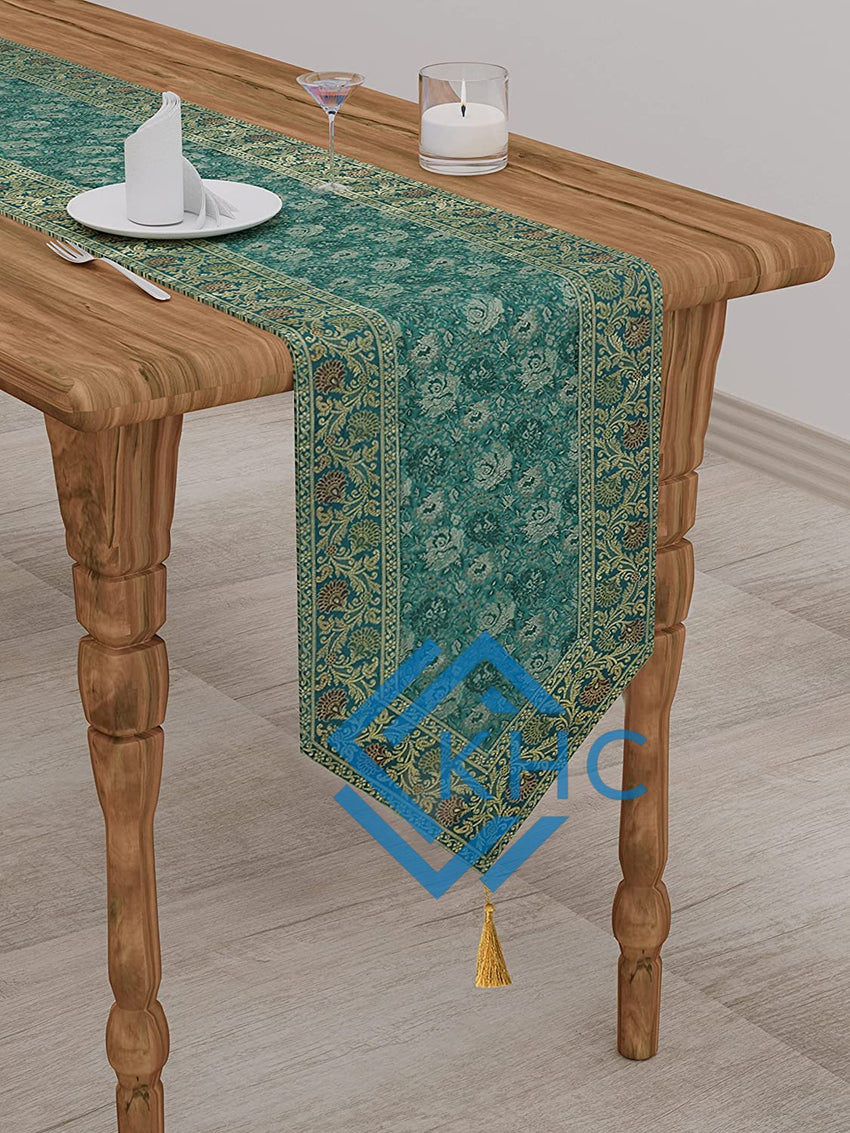 Rama Green Embroidered Brocade Table Runner - Perfect Wedding Decor, Luxury Gift