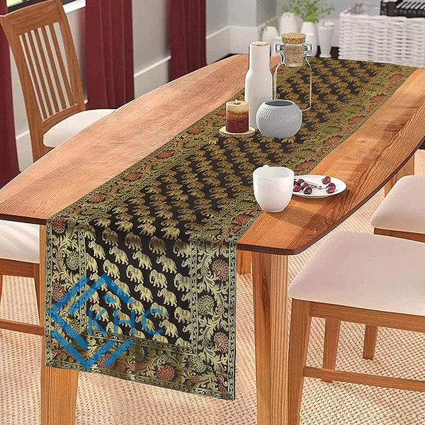 Regal Brocade Gold Accents Elephant Print Black Table Runner