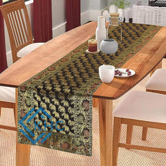 Regal Brocade Gold Accents Elephant Print Black Table Runner