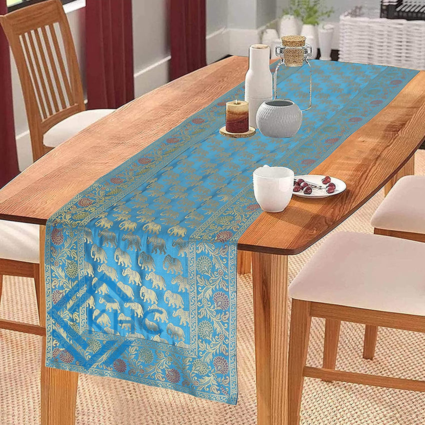 Turquoise Elephant Print Handmade Brocade Table Runner 72 Inch