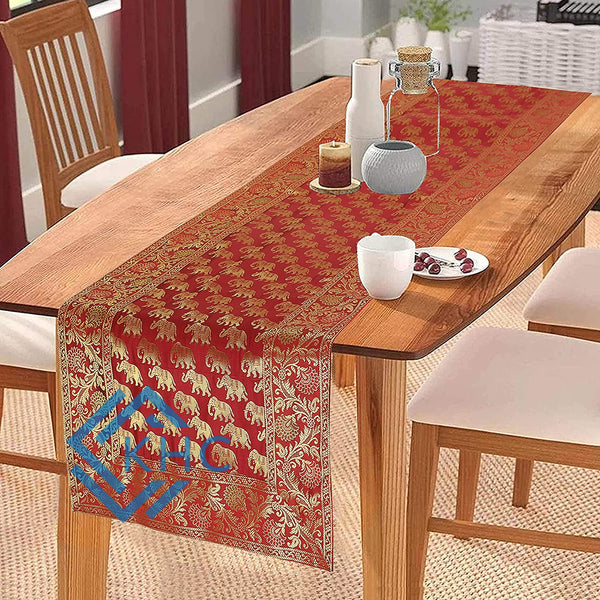 Silk Brocade Table Runner, Formal Entertaining, Red Elephant Print Runner