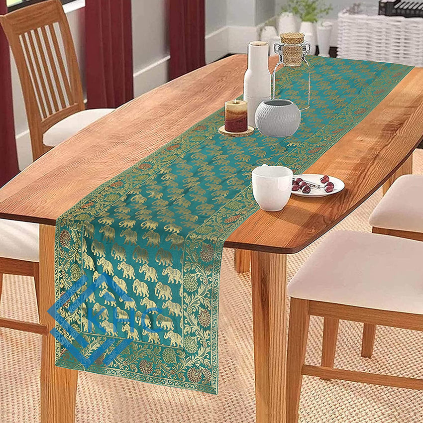 Antique-Inspired Embroidered Brocade Green Elephant Table Runner