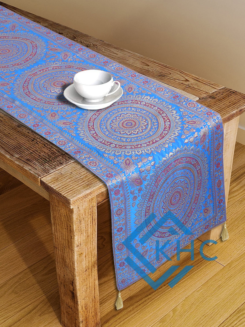 Blue Mandala Print Indian Kantha Silk Table Runner